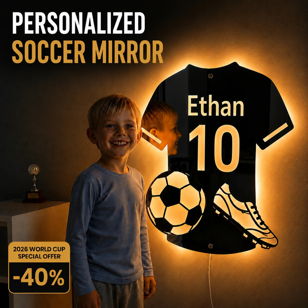 Personalized Soccer Jersey LED Mirror | Custom Name & Number