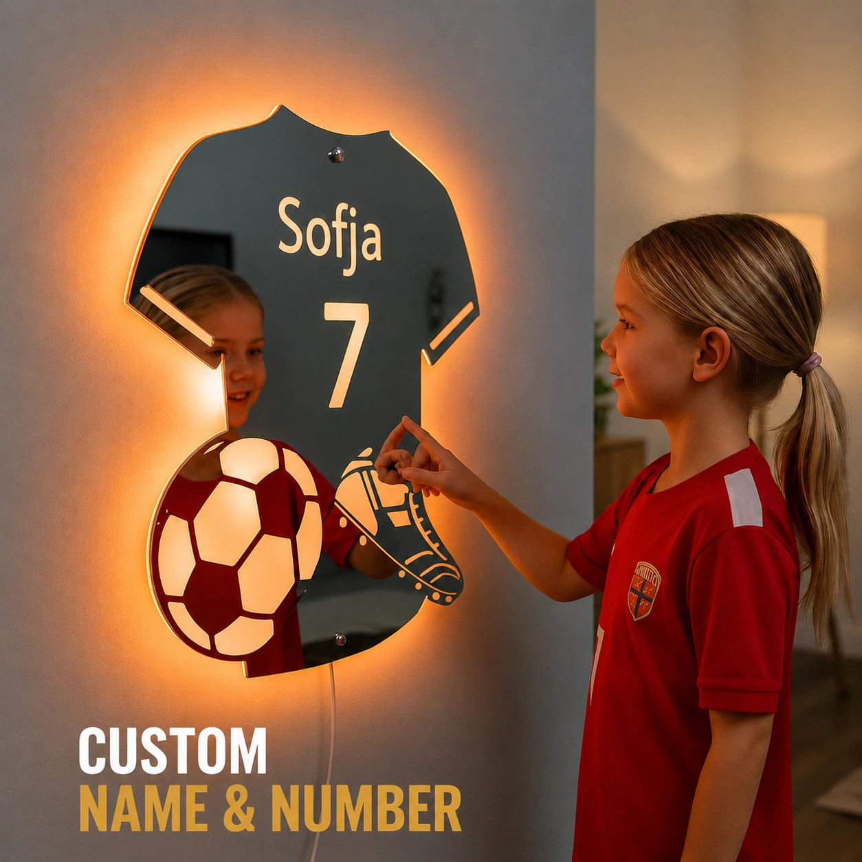 Personalized Soccer Jersey LED Mirror | Custom Name & Number